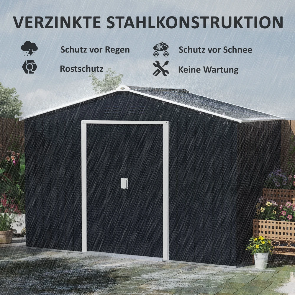 Outsunny cinkuoto plieno įrankių namelis 4,9 m² 277x195x192 cm, sodo namelis su dvišlaičiu stogu, pamatu, rakinamomis stumdomomis durimis, atsparus oro sąlygoms, tamsiai pilkas