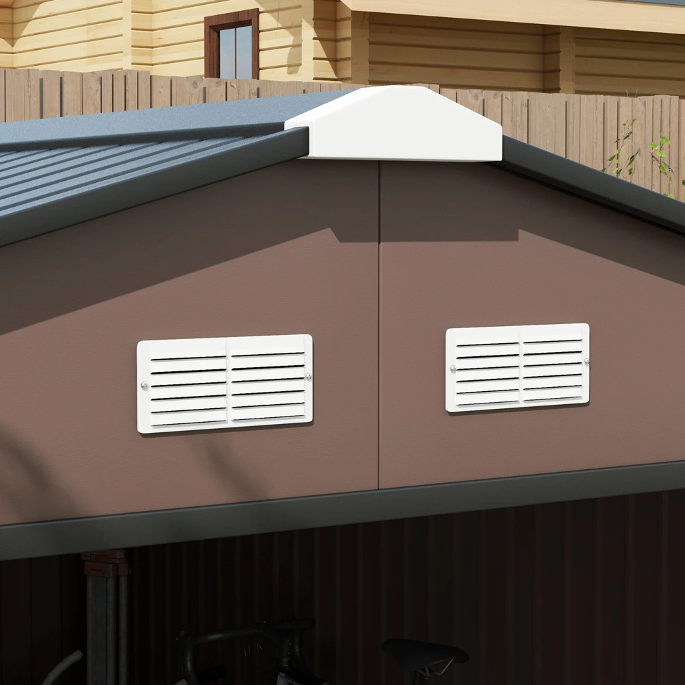 Outsunny sodo namelis 12,4 m², sodo namelis su vienšlaičiu stogu, stumdomos durys, pamatas, 340 x 386 x 200 cm, įrankių namelis iš cinkuoto plieno, atsparus oro sąlygoms, sodui, rudas