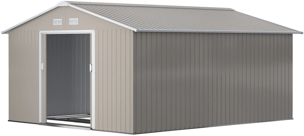 Outsunny įrankių namelis 12,4 m², sodo namelis su šlaitiniu stogu, stumdomomis durimis, pagrindu, 340 x 386 x 200 cm, cinkuoto plieno pašiūrė, atspari oro sąlygoms, šviesiai pilka