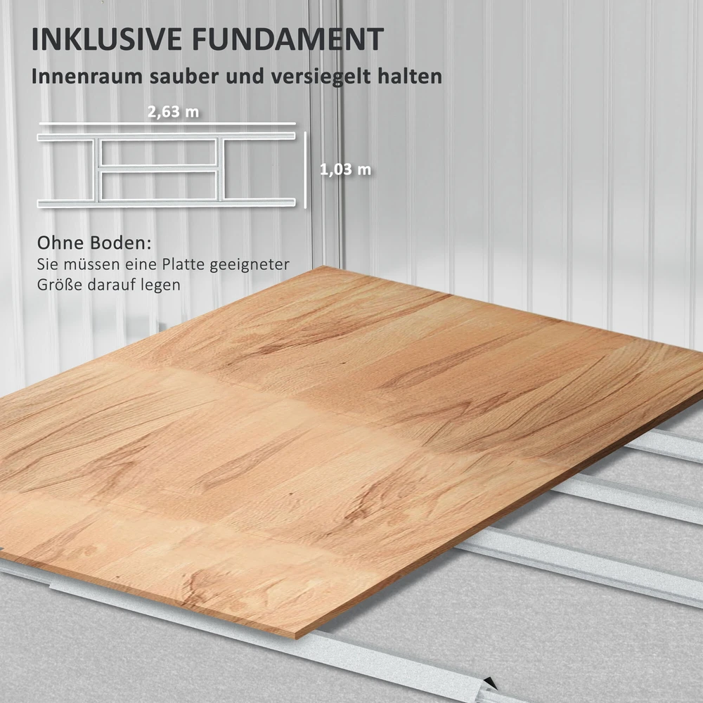 Outsunny cinkuoto plieno įrankių namelis 4,9 m² 277x195x192 cm, sodo namelis su šlaitiniu stogu, pamatu, rakinamomis stumdomomis durimis ir vėdinimu, šviesiai pilkas