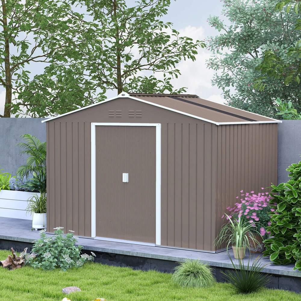 Outsunny cinkuoto plieno įrankių namelis 4,9 m² 277x195x192 cm, sodo namelis su šlaitiniu stogu, pamatu, rakinamomis stumdomomis durimis ir vėdinimu, šviesiai pilkas