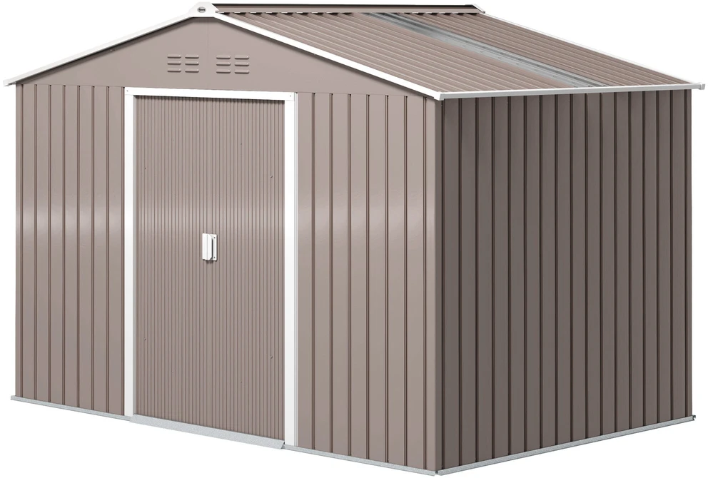 Outsunny cinkuoto plieno įrankių namelis 4,9 m² 277x195x192 cm, sodo namelis su šlaitiniu stogu, pamatu, rakinamomis stumdomomis durimis ir vėdinimu, šviesiai pilkas