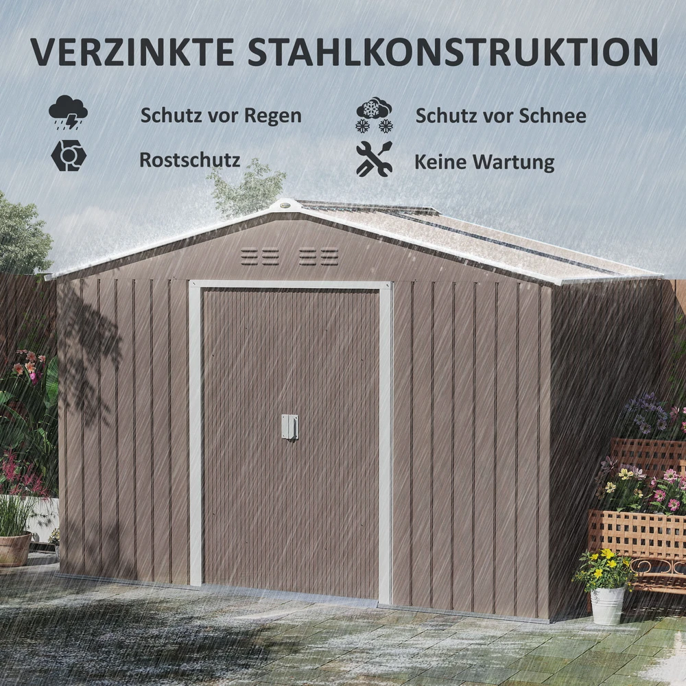 Outsunny cinkuoto plieno įrankių namelis 4,9 m² 277x195x192 cm, sodo namelis su šlaitiniu stogu, pamatu, rakinamomis stumdomomis durimis ir vėdinimu, šviesiai pilkas