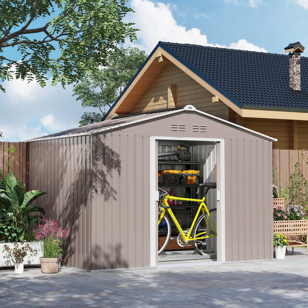 Outsunny cinkuoto plieno įrankių namelis 4,9 m² 277x195x192 cm, sodo namelis su šlaitiniu stogu, pamatu, rakinamomis stumdomomis durimis ir vėdinimu, šviesiai pilkas