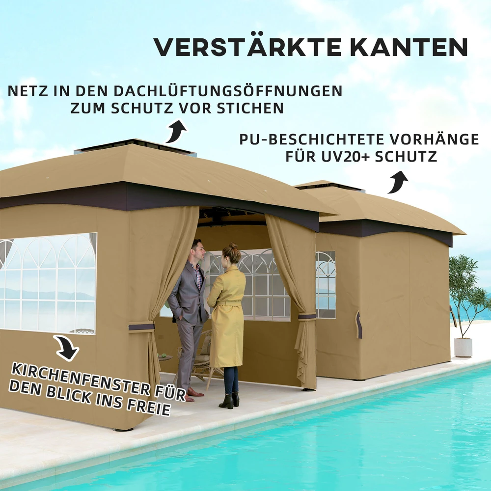 Outsunny sodo pavėsinė, apie 3,4x3,4 m, atspari vandeniui, su 4 šoninėmis sienelėmis, dvigubu stogu, vakarėlių palapinė su UV apsauga, sodo palapinė su cinkuoto metalo rėmu, smėlio spalvos