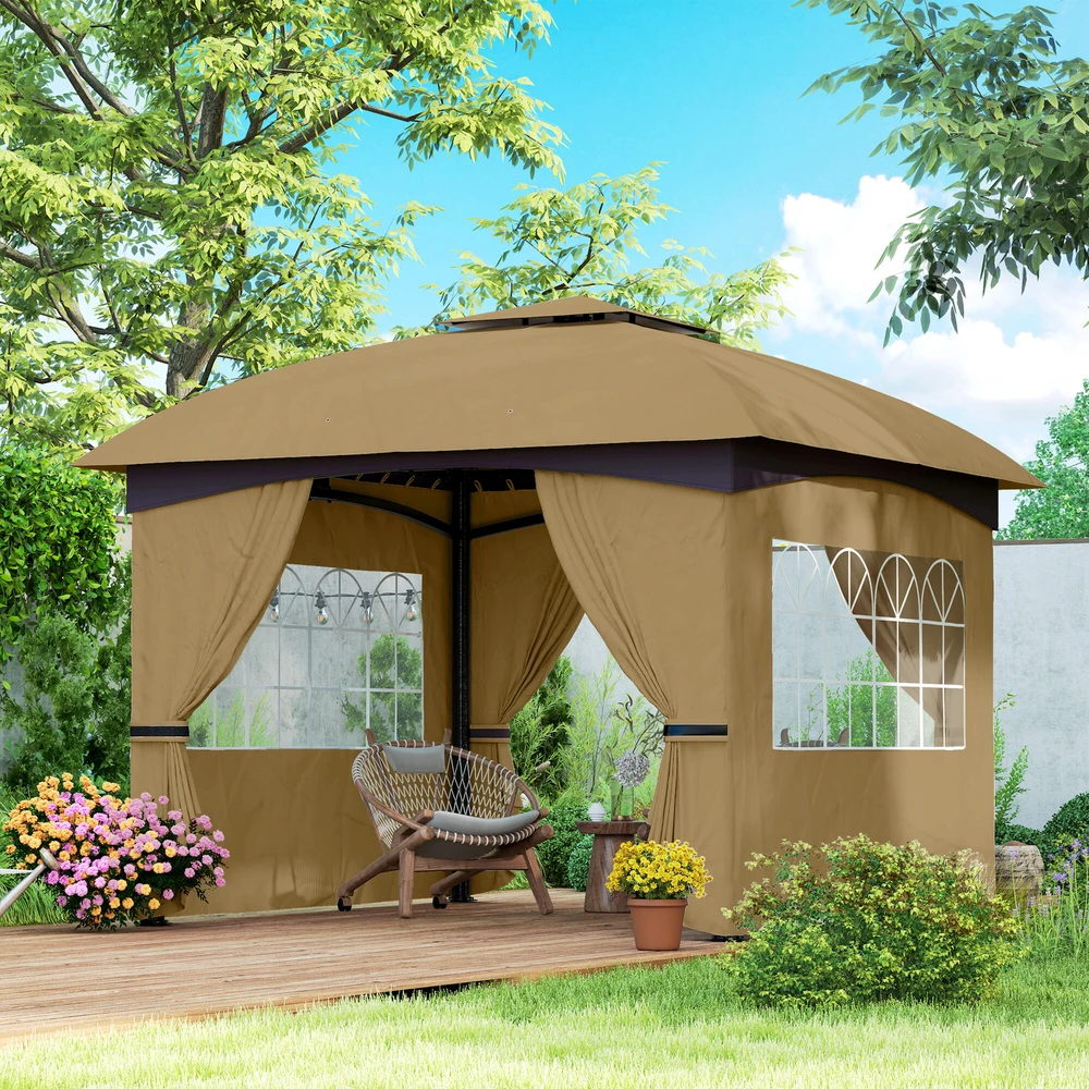 Outsunny sodo pavėsinė, apie 3,4x3,4 m, atspari vandeniui, su 4 šoninėmis sienelėmis, dvigubu stogu, vakarėlių palapinė su UV apsauga, sodo palapinė su cinkuoto metalo rėmu, smėlio spalvos