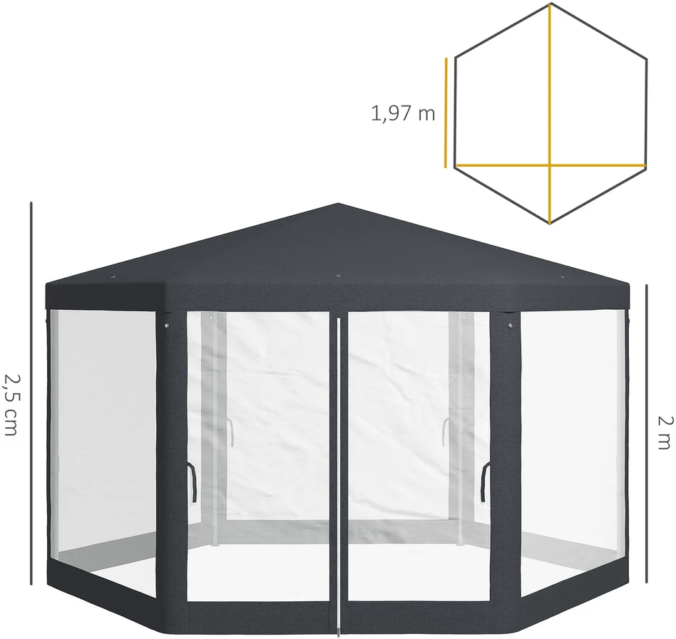 Outsunny paviljonas apie 4 x 4 m sodo paviljonas su tinkleliu nuo uodų vakarėlių palapinė sodo palapinė šventinė palapinė palapinė 6-kampė poliesteris metalas tamsiai pilka