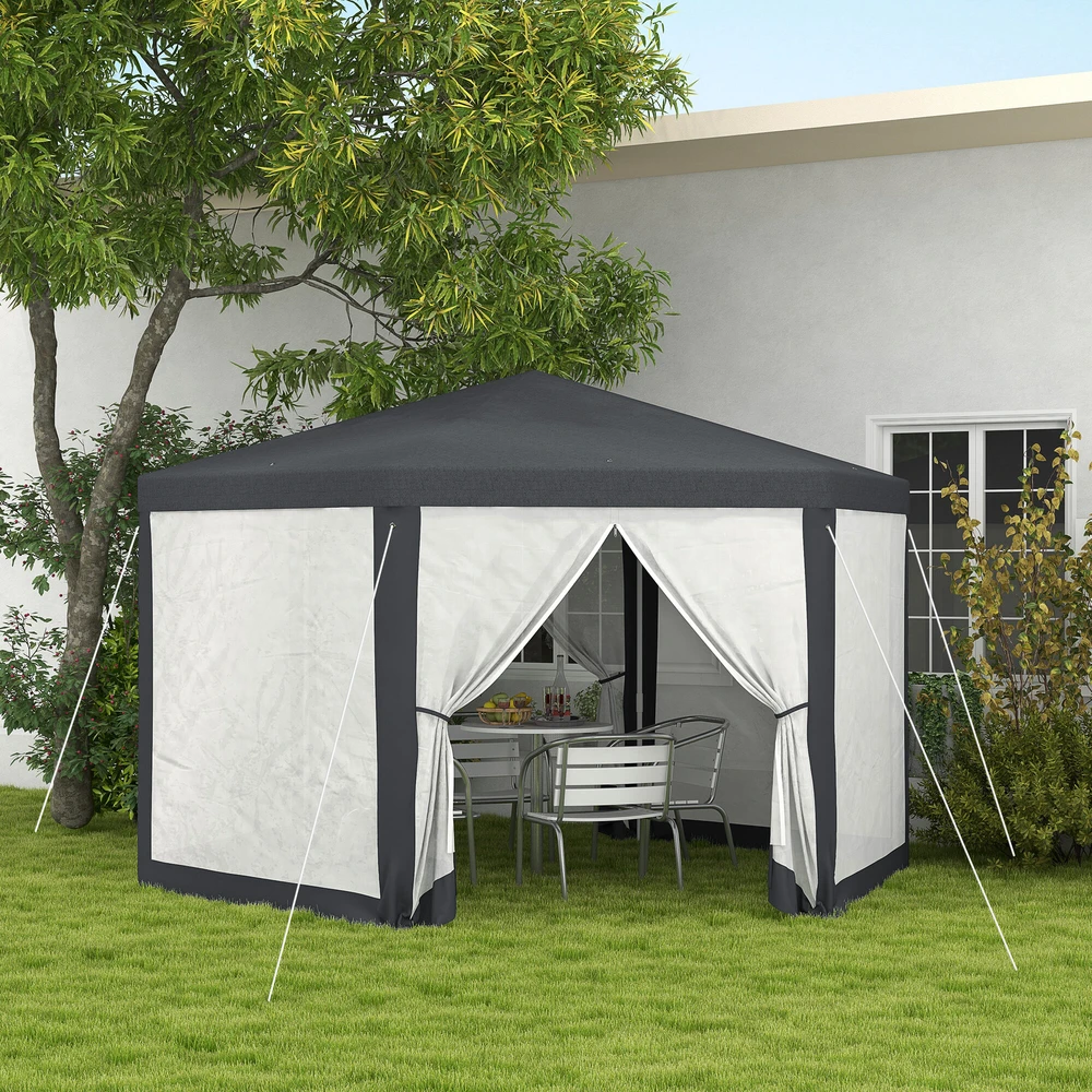 Outsunny paviljonas apie 4 x 4 m sodo paviljonas su tinkleliu nuo uodų vakarėlių palapinė sodo palapinė šventinė palapinė palapinė 6-kampė poliesteris metalas tamsiai pilka