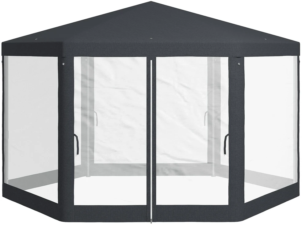Outsunny paviljonas apie 4 x 4 m sodo paviljonas su tinkleliu nuo uodų vakarėlių palapinė sodo palapinė šventinė palapinė palapinė 6-kampė poliesteris metalas tamsiai pilka