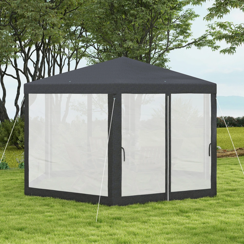 Outsunny paviljonas apie 4 x 4 m sodo paviljonas su tinkleliu nuo uodų vakarėlių palapinė sodo palapinė šventinė palapinė palapinė 6-kampė poliesteris metalas tamsiai pilka