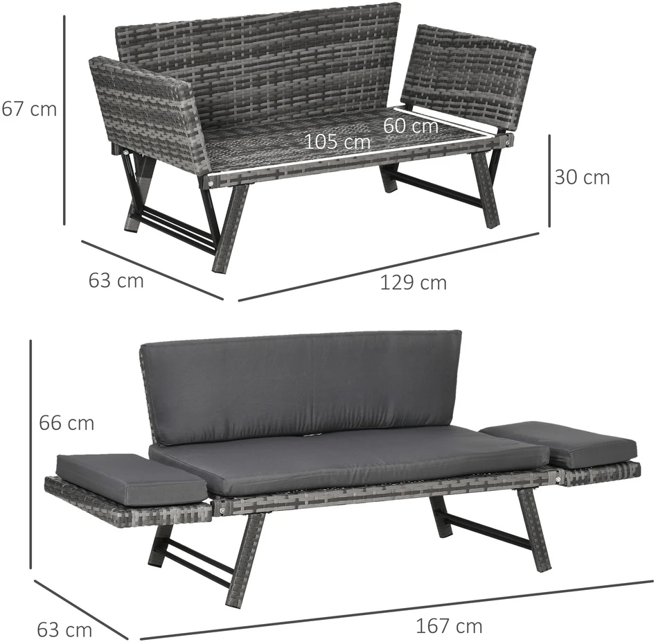Outsunny poliratano 2-vietė sodo sofa, pilka, su atlenkiamais porankiais, plienas, 129x63x67 cm, skirta sodui ir terasai