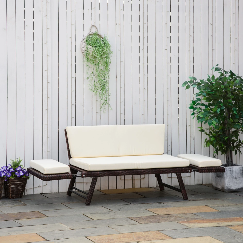 Outsunny poliratano sodo sofa, dvivietė, sodo baldai, poilsio sofa, sodo suoliukas, sulankstoma sodo gultas, porankiai, plienas, ruda, 129 x 63 x 67 cm