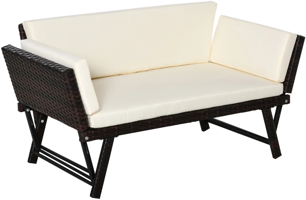 Outsunny poliratano sodo sofa, dvivietė, sodo baldai, poilsio sofa, sodo suoliukas, sulankstoma sodo gultas, porankiai, plienas, ruda, 129 x 63 x 67 cm