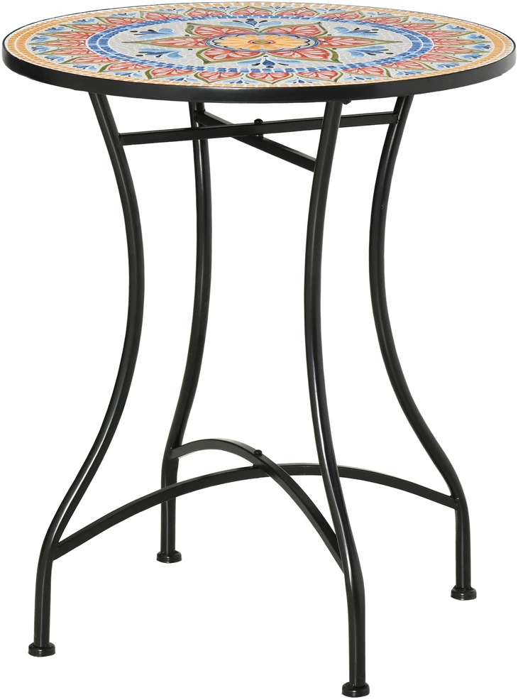Outsunny sodo stalas, mozaikinis apvalus bistro stalas, pagalbinis staliukas su keraminiu mozaikos paviršiumi, metalinis, raudona+mėlyna+balta spalva, Ø60 cm