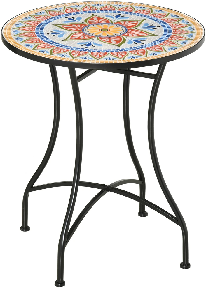 Outsunny sodo stalas, mozaikinis apvalus bistro stalas, pagalbinis staliukas su keraminiu mozaikos paviršiumi, metalinis, raudona+mėlyna+balta spalva, Ø60 cm