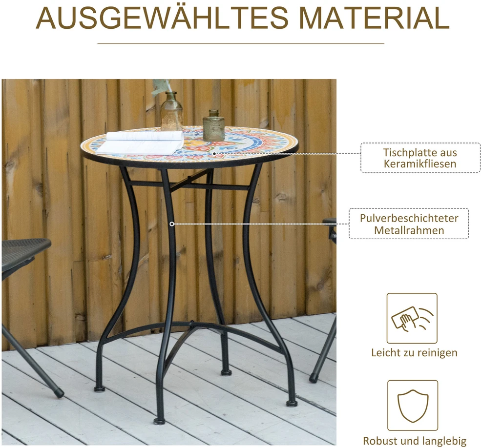 Outsunny sodo stalas, mozaikinis apvalus bistro stalas, pagalbinis staliukas su keraminiu mozaikos paviršiumi, metalinis, raudona+mėlyna+balta spalva, Ø60 cm