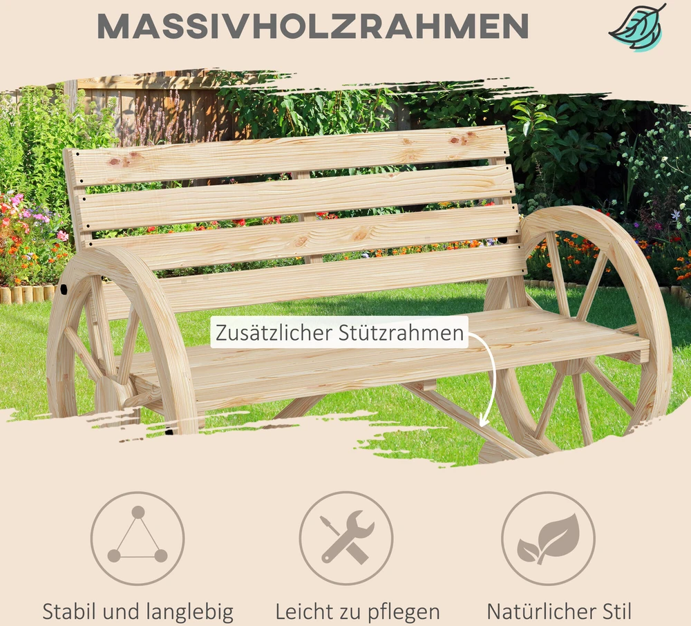 Outsunny 2-vietis sodo suoliukas, medinis suoliukas su vežimo rato dizainu, kaimiško stiliaus suoliukas su porankiais, keliamoji galia iki 240 kg, natūralios spalvos eglės mediena