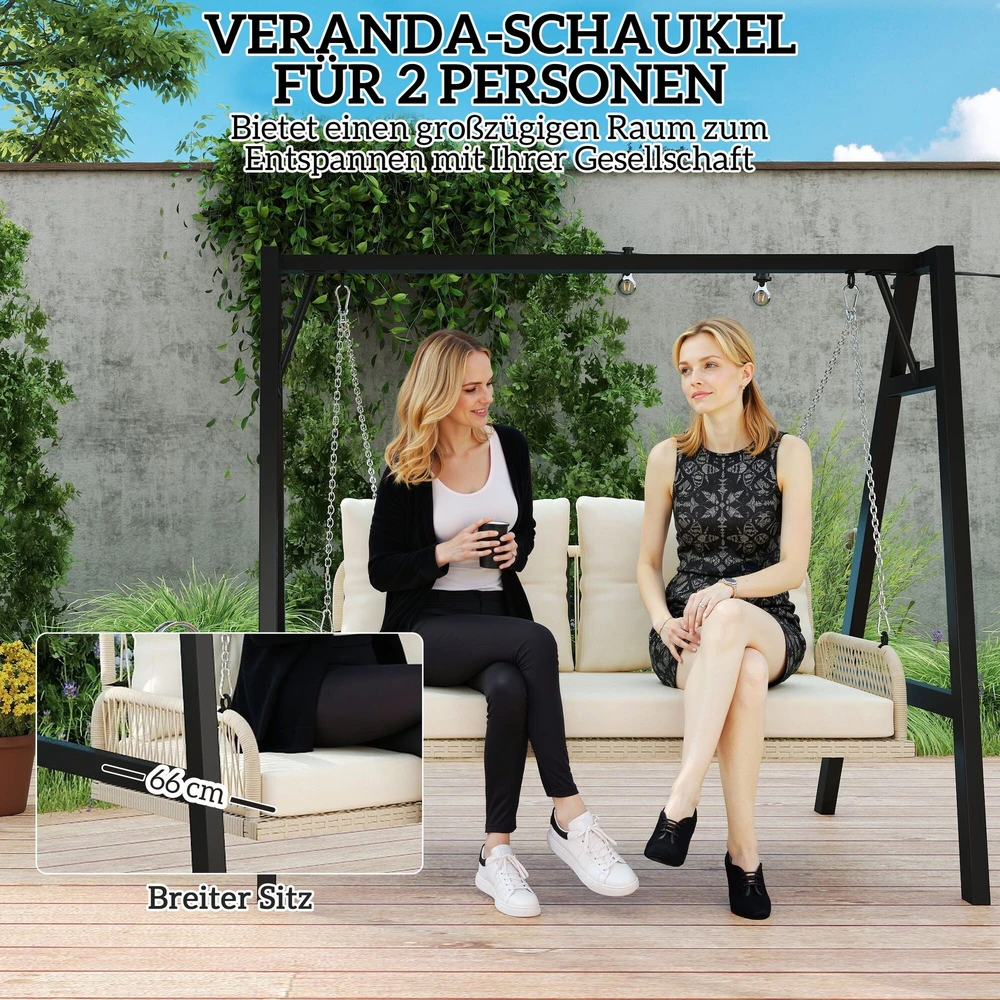 Outsunny 2-vietė ratano sodo sūpynė su pagalvėlėmis, grandinėmis, pakabinamas suoliukas, keliamoji galia iki 240 kg, kabančios sūpynės, sodo suoliukas, skirtas sodui ir balkonui, 115 x 66 x 44 cm, smėlio spalvos
