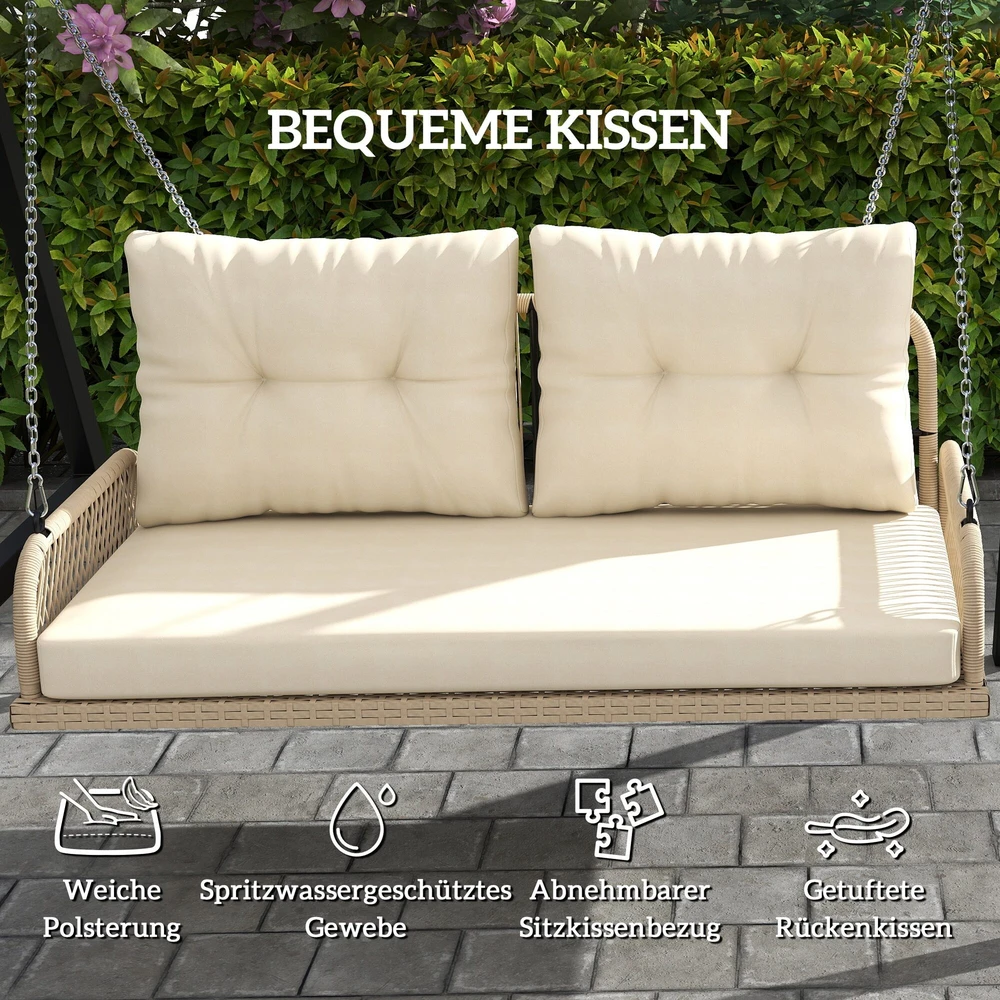 Outsunny 2-vietė ratano sodo sūpynė su pagalvėlėmis, grandinėmis, pakabinamas suoliukas, keliamoji galia iki 240 kg, kabančios sūpynės, sodo suoliukas, skirtas sodui ir balkonui, 115 x 66 x 44 cm, smėlio spalvos