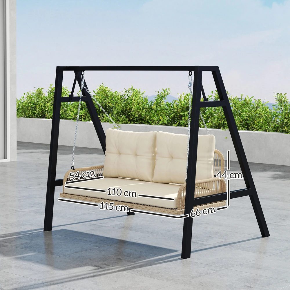 Outsunny 2-vietė ratano sodo sūpynė su pagalvėlėmis, grandinėmis, pakabinamas suoliukas, keliamoji galia iki 240 kg, kabančios sūpynės, sodo suoliukas, skirtas sodui ir balkonui, 115 x 66 x 44 cm, smėlio spalvos