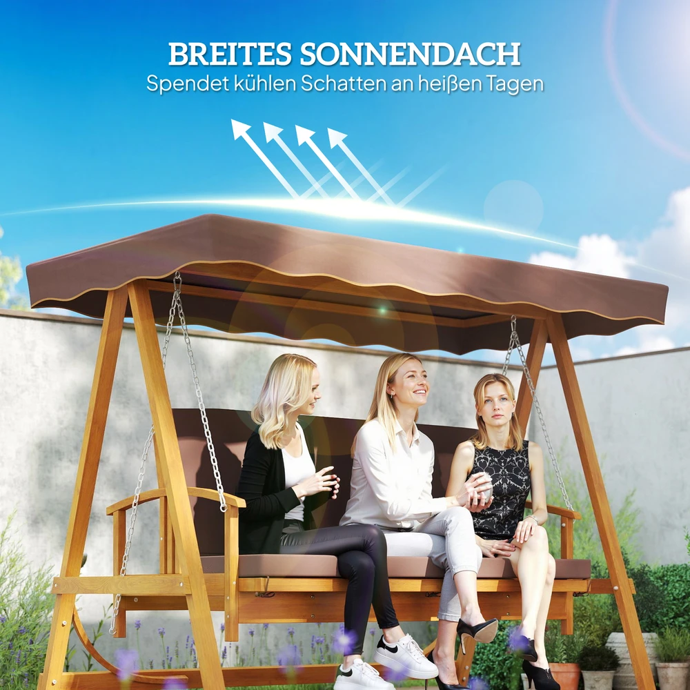 „Outsunny“ 2-in-1 sodo sūpynės su gulto funkcija, 3 vietų medinės sodo sūpynės, medinės sūpynės su stogeliu ir sėdimąja dalimi, suoliukas-sūpynės iki 330 kg, sodui, terasai, 236x130x181 cm, rudos