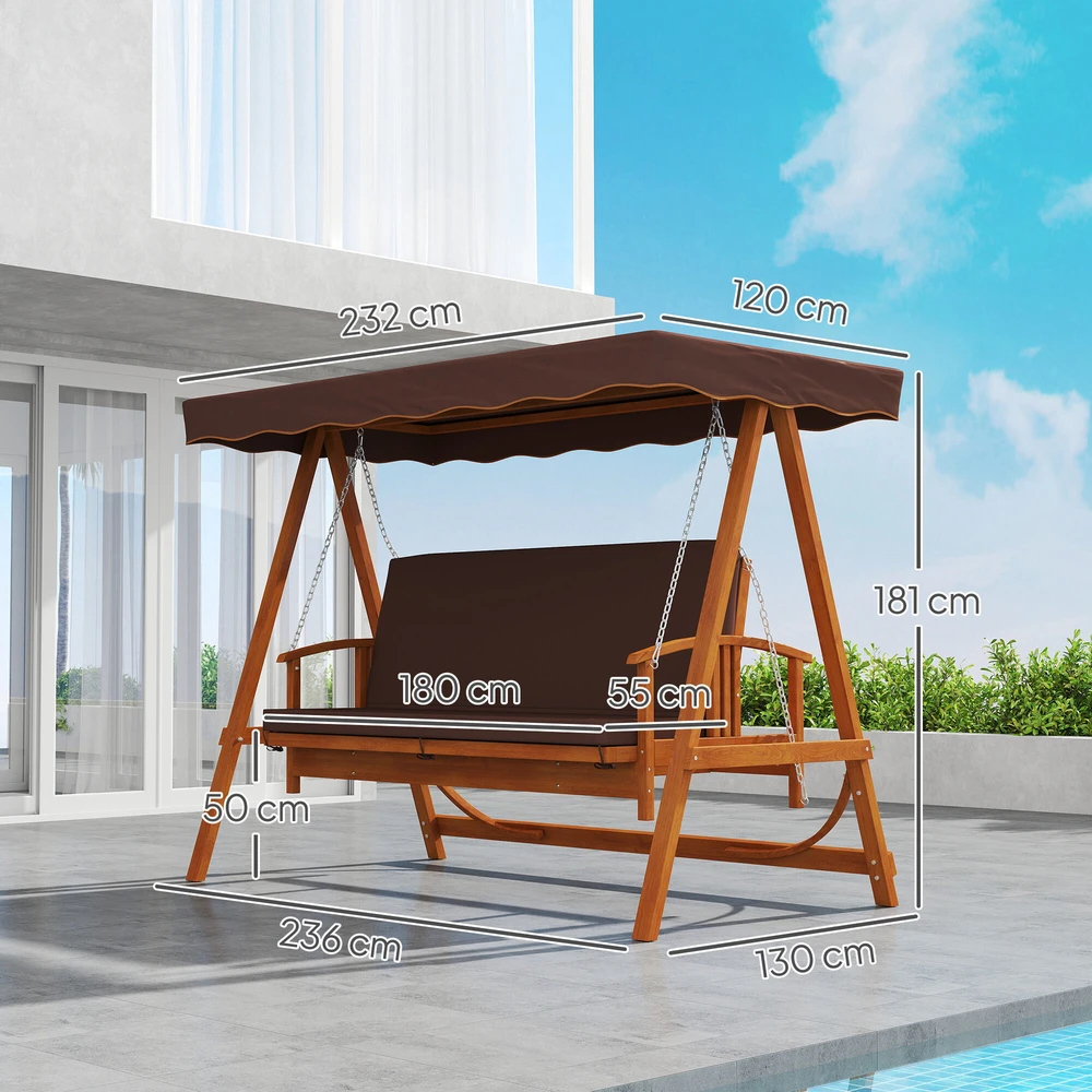„Outsunny“ 2-in-1 sodo sūpynės su gulto funkcija, 3 vietų medinės sodo sūpynės, medinės sūpynės su stogeliu ir sėdimąja dalimi, suoliukas-sūpynės iki 330 kg, sodui, terasai, 236x130x181 cm, rudos