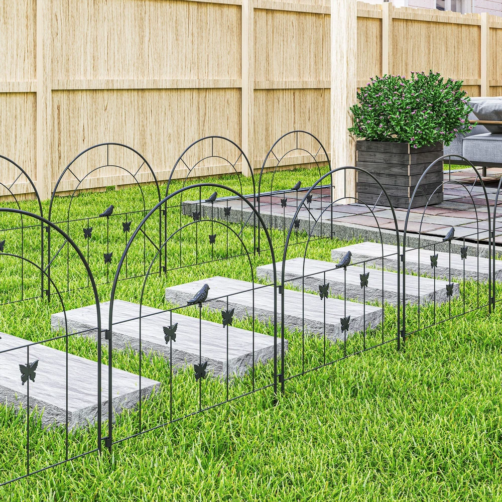 Outsunny sodo tvora, plieninė, 300 cm x 70 cm, dekoratyvinė grotelių tvoros sistema, tvoros elementai, šunų tvora, arkiniu viršumi, kraštovaizdžio tvora sodui, gėlynams, augintinių užtvara, lauko, juoda