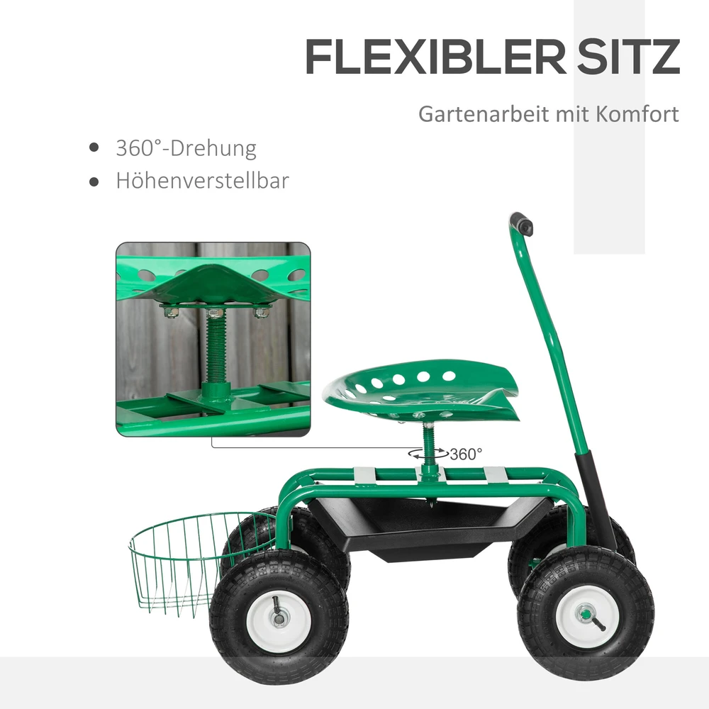 Outsunny sodo vežimėlis, dirbtuvių vežimėlis, sodo kėdė su besisukančia sėdyne ir krepšiu, reguliuojamo aukščio, 150 kg keliamoji galia, metalas+guma, žalia, 81 x 44,5 x 46–59 cm