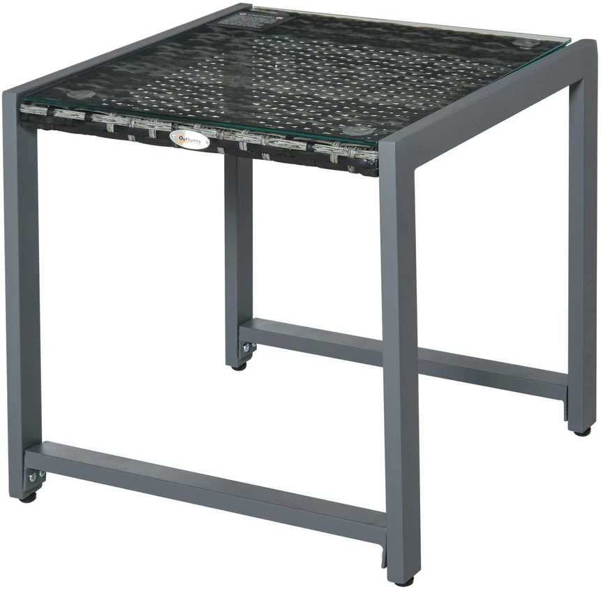 Outsunny® sodo stalas, šoninis staliukas su grūdinto stiklo stalviršiu, poliratanas + aliuminis