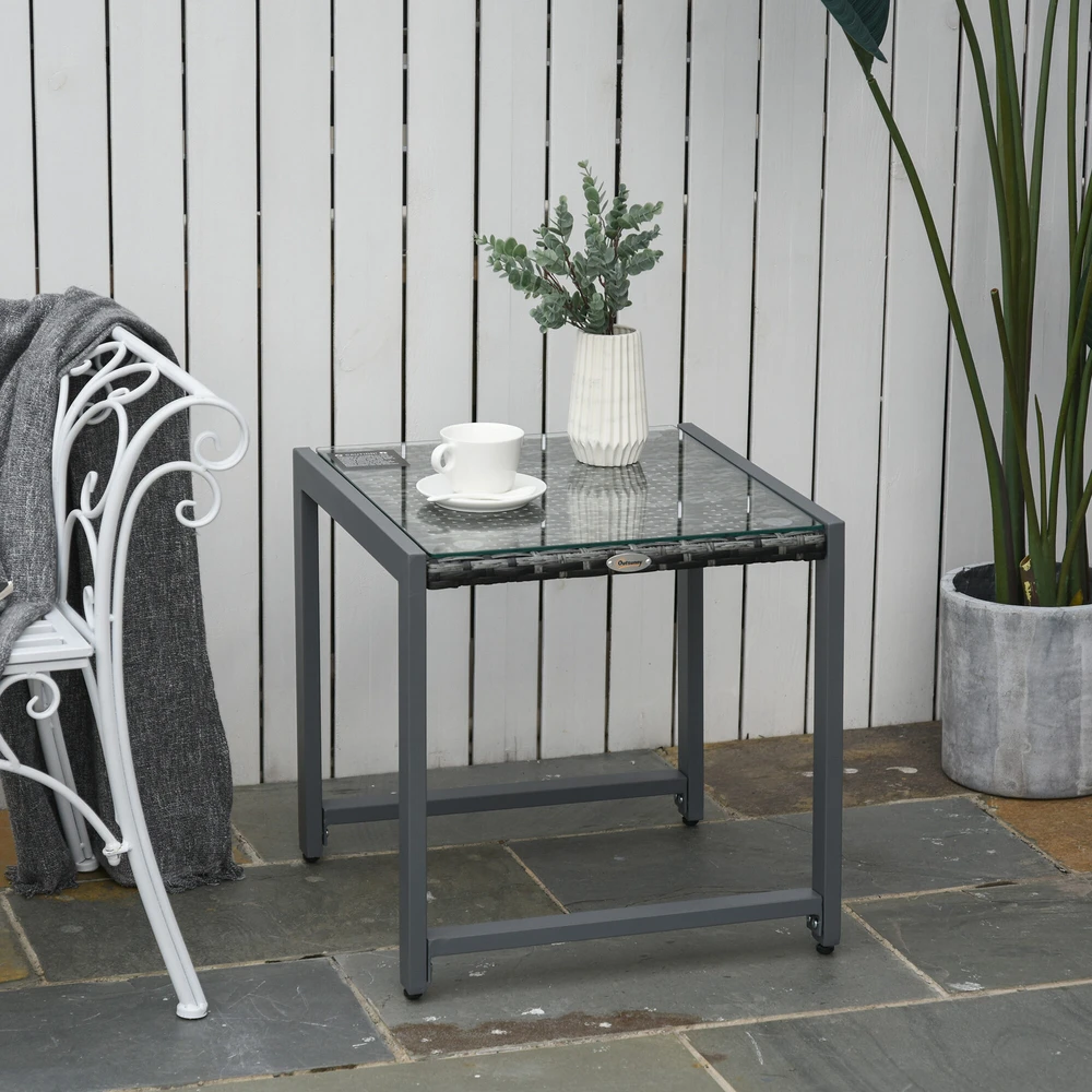 Outsunny® sodo stalas, šoninis staliukas su grūdinto stiklo stalviršiu, poliratanas + aliuminis