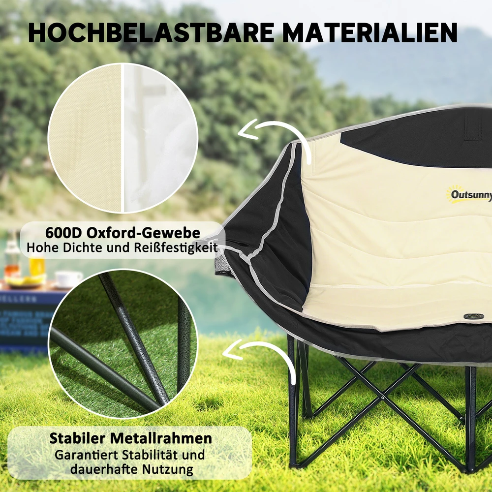Outsunny sulankstoma kėdė 2 vietų, kempingo kėdė su puodelių laikikliu ir krepšiu, lauko sulankstoma kėdė iki 250 kg, tvirta, lengva, paminkštinta, žvejybos kėdė, sodo kėdė, skirta sodui, stovyklavimui, paplūdimiui