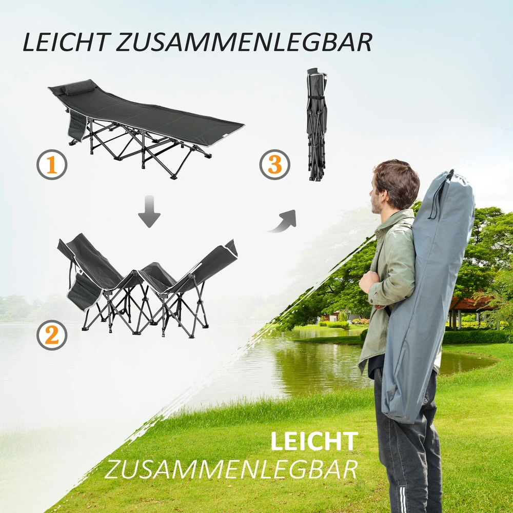 „Outsunny“ sulankstoma kempingo lova, kelioninė lova su pagalve, šonine kišene, čiužiniu, svečių lova, iki 150 kg, skirta kelionėms, lauko darbams, „Oxford“ audinys, tamsiai mėlyna + pilka, 188 x 64,5 x 53 cm