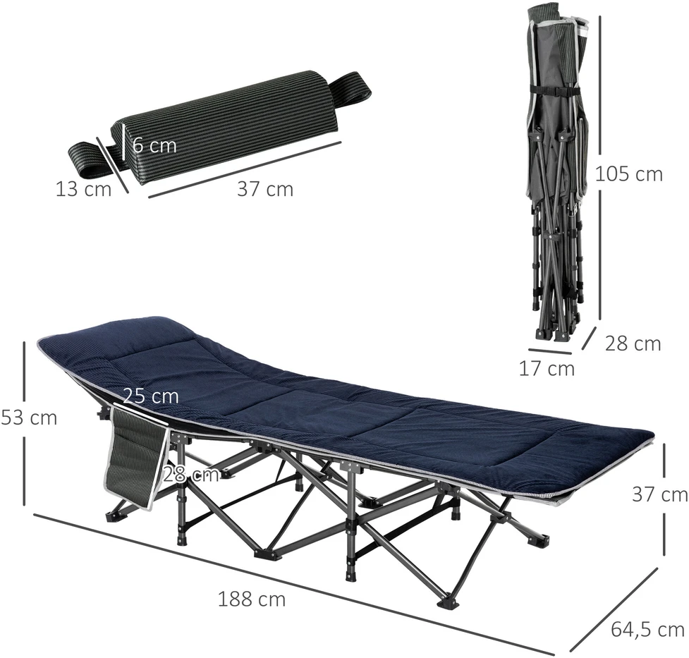 „Outsunny“ sulankstoma kempingo lova, kelioninė lova su pagalve, šonine kišene, čiužiniu, svečių lova, iki 150 kg, skirta kelionėms, lauko darbams, „Oxford“ audinys, tamsiai mėlyna + pilka, 188 x 64,5 x 53 cm