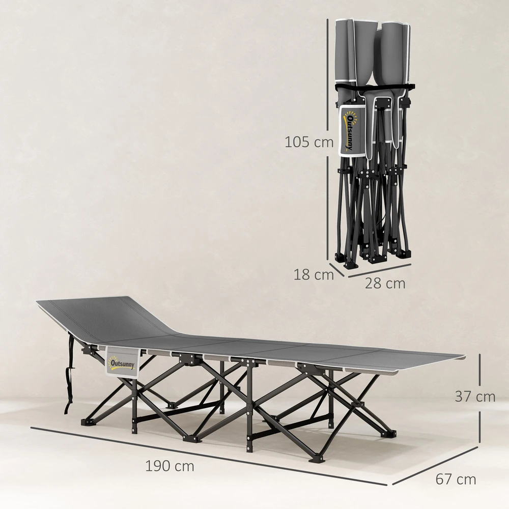 Outsunny sulankstoma kempingo lova, kelioninė lova su šonine kišene, čiužiniu, neslystanti, svečių lova, atlaikanti iki 150 kg, lauko, Oksfordo audinys, juoda, 190 x 67 x 37 cm