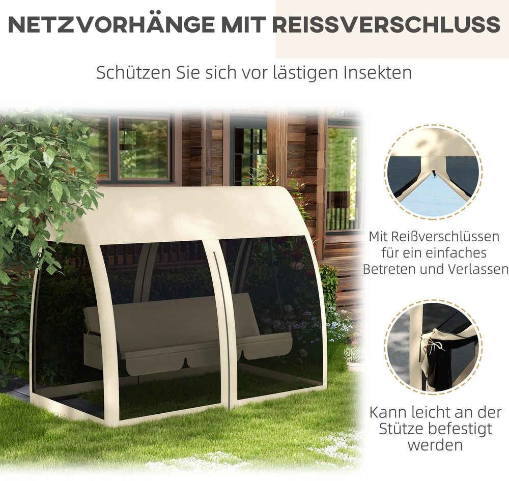 „Outsunny“ 2-in-1 sodo sūpynės su lovos funkcija, 3 vietų sodo suoliukas su baldakimu ir tinkleliu nuo uodų, keliamoji galia iki 300 kg, sodo gultas, terasai, 240 x 140 x 197 cm, kavos spalva