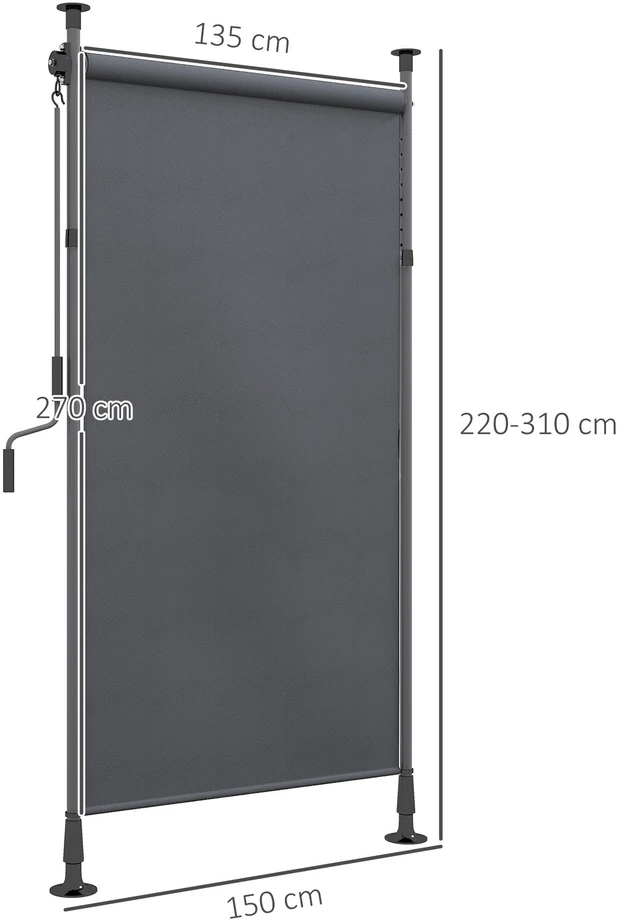 „Outsunny“ vertikali markizė su apsauga nuo saulės, balkono užuolaida 150 x 220–310 cm, balkono privatumo ekranas su rankena, atspari oro sąlygoms, poliesteris, tamsiai pilka