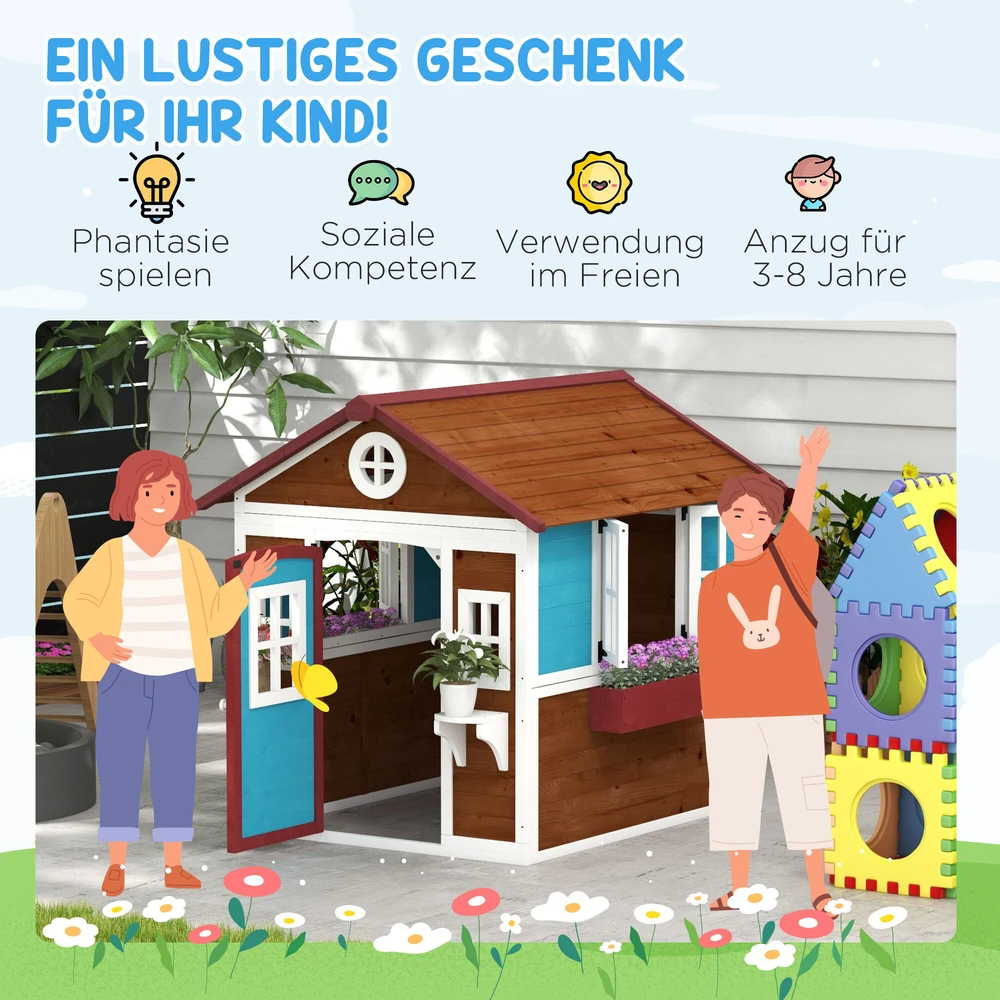 Outsunny medinis vaikiškas žaidimų namelis, lauko žaidimų namelis su langais, gėlių lentyna, augalų dėže ir durimis, sodo namelis vaikams nuo 3-8 metų, tamsiai rudas