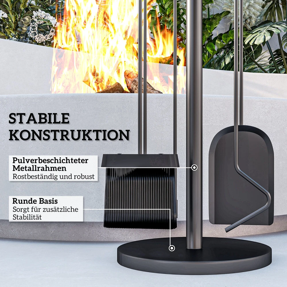 "Outsunny" židinio komplektas, 5 dalių židinio reikmenys su kastuvu, šluota, žnyplėmis, pokeriu ir stovu, židinio komplektas, metalinis, juodas