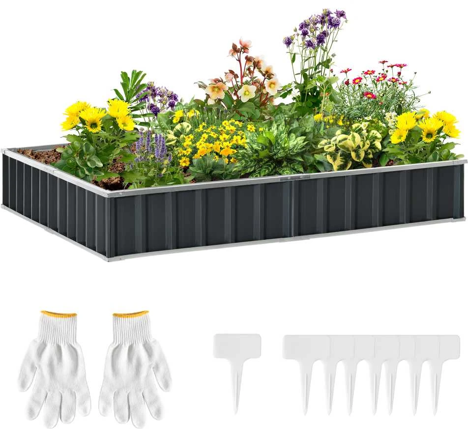 Outsunny DIY plieninė pakelta lysvė, sodo lysvė su T formos augalų žymekliais ir pirštinėmis, tamsiai pilka