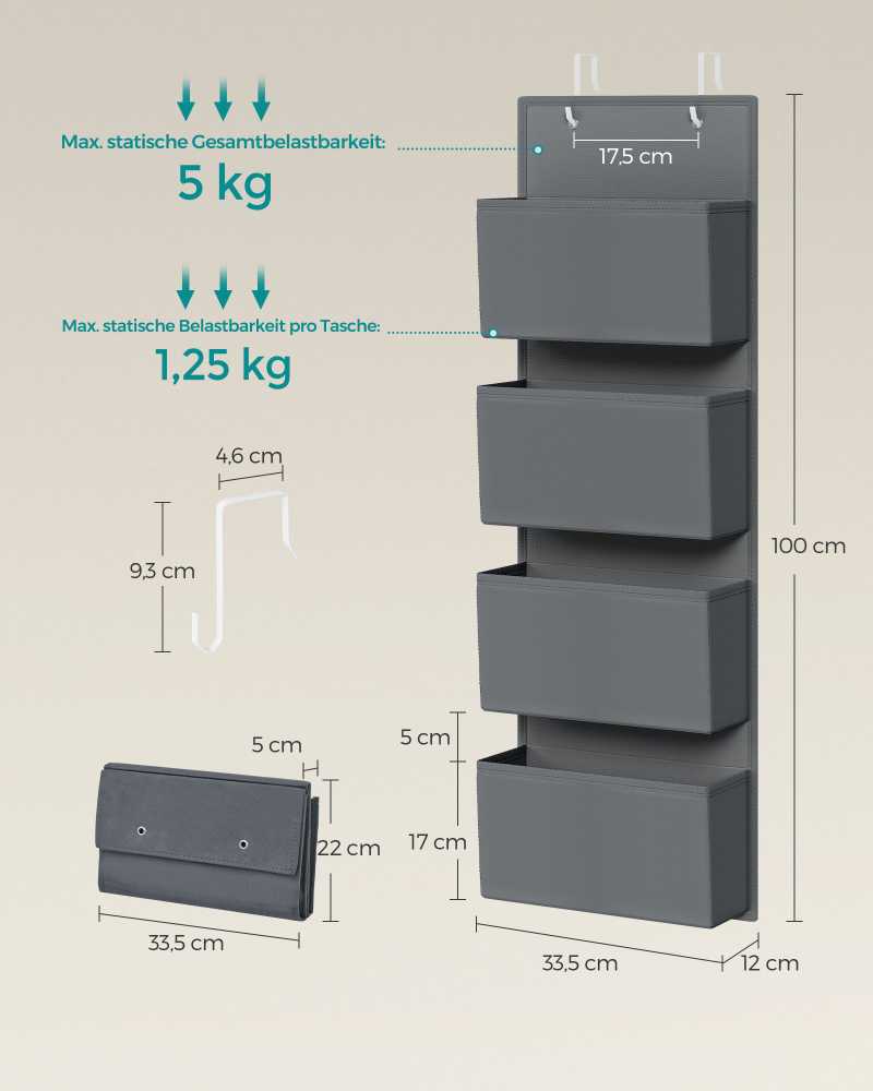 SONGMICS pakabinamas durų organizatorius su 4 kišenėmis, 33,5 x 12 x 100 cm, RDH04G