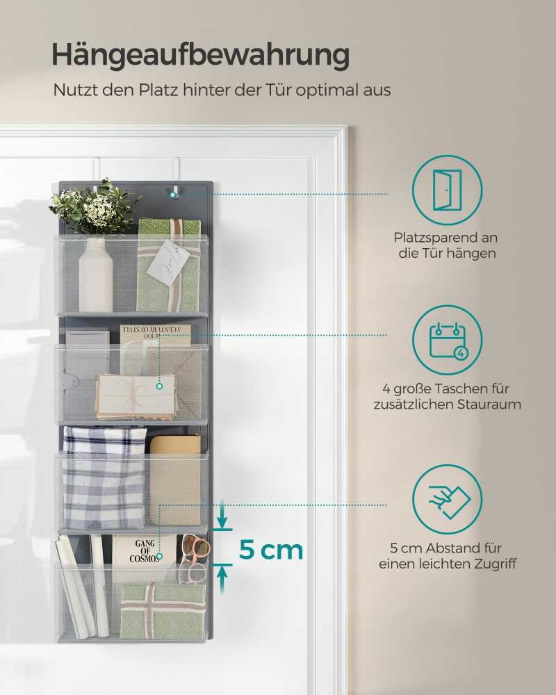 SONGMICS pakabinamas durų organizatorius su 4 kišenėmis, 33,5 x 12 x 100 cm, RDH04G
