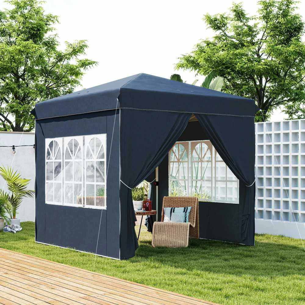 Outsunny pavėsinė 2,5x2,5m, vandeniui atspari, stabili, tinkama žiemai, išskleidžiama (pop-up), su UV 50+ apsauga, sulankstoma palapinė vakarėliams, sodo palapinė su 4 šoninėmis sienelėmis ir krepšiu, tamsiai mėlyna