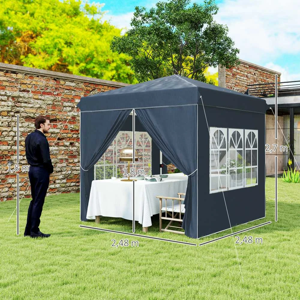 Outsunny pavėsinė 2,5x2,5m, vandeniui atspari, stabili, tinkama žiemai, išskleidžiama (pop-up), su UV 50+ apsauga, sulankstoma palapinė vakarėliams, sodo palapinė su 4 šoninėmis sienelėmis ir krepšiu, tamsiai mėlyna