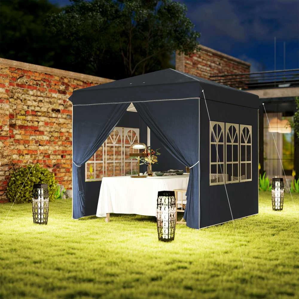 Outsunny pavėsinė 2,5x2,5m, vandeniui atspari, stabili, tinkama žiemai, išskleidžiama (pop-up), su UV 50+ apsauga, sulankstoma palapinė vakarėliams, sodo palapinė su 4 šoninėmis sienelėmis ir krepšiu, tamsiai mėlyna