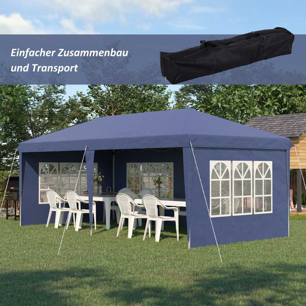 Outsunny sulankstoma pavėsinė 2,95 x 5,85 m, vakarėlių palapinė su UV apsauga, pop-up pavėsinė su langais, šoninėmis sienelėmis, sodo palapinė, Oksfordo audinys, plienas, mėlyna