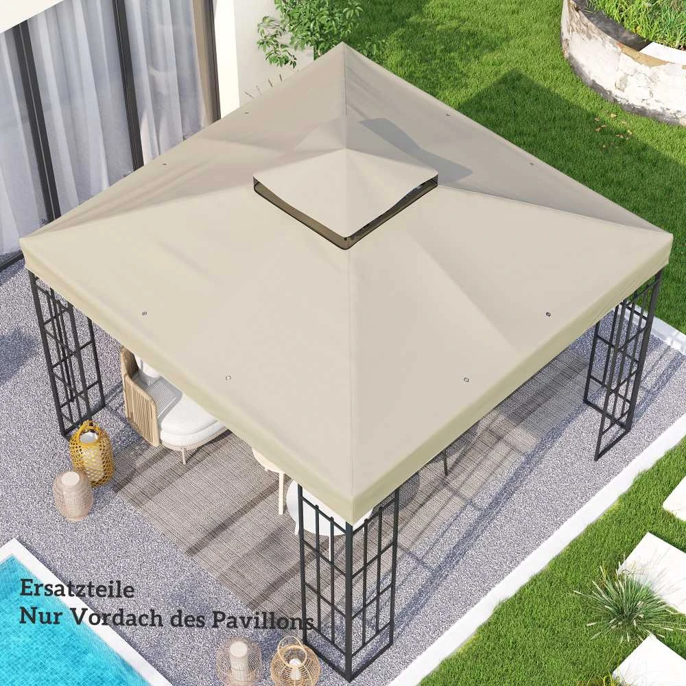 „Outsunny“ atsarginis stogas paviljono 3 x 3 m, vandeniui atsparus paviljono stogas, dvigubo stogo atsarginis uždangalas sodo paviljonui, „Oxford“ audinio atsarginės dalys, 370 g/m², kreminės baltos spalvos