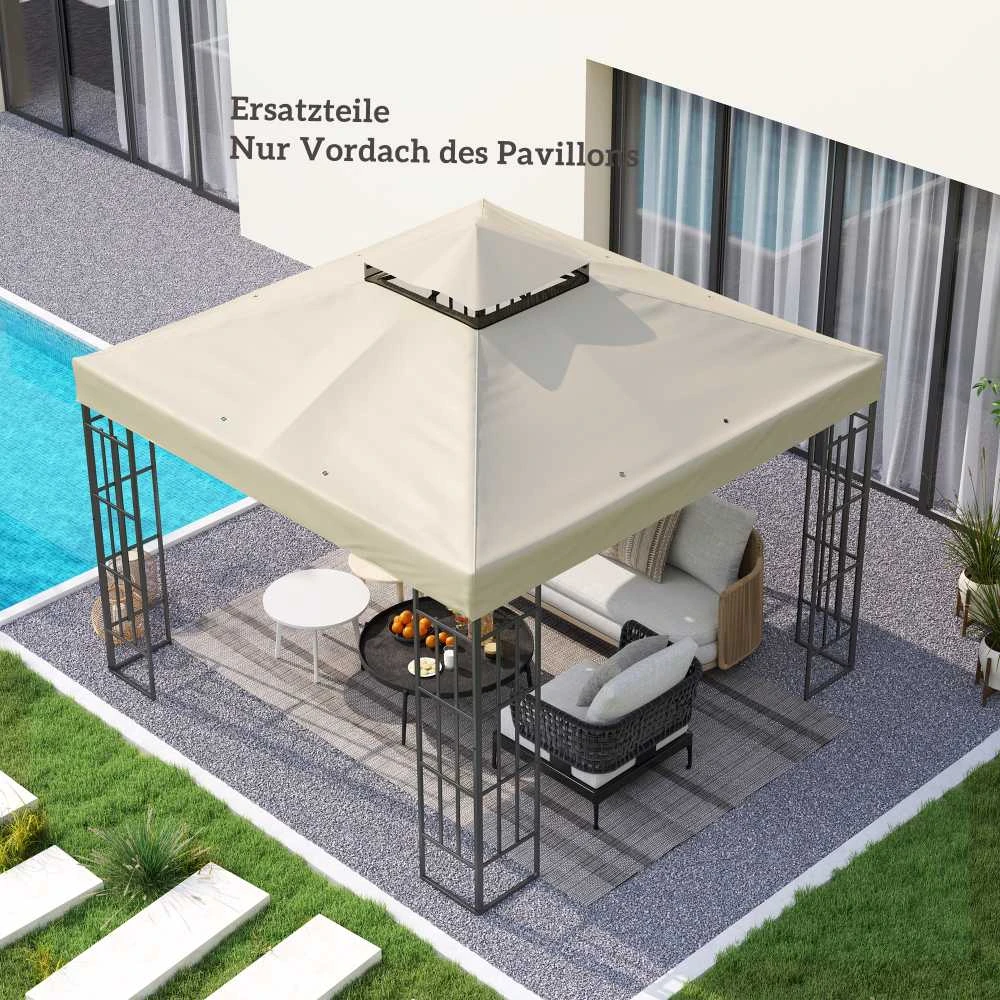 „Outsunny“ atsarginis stogas paviljono 3 x 3 m, vandeniui atsparus paviljono stogas, dvigubo stogo atsarginis uždangalas sodo paviljonui, „Oxford“ audinio atsarginės dalys, 370 g/m², kreminės baltos spalvos