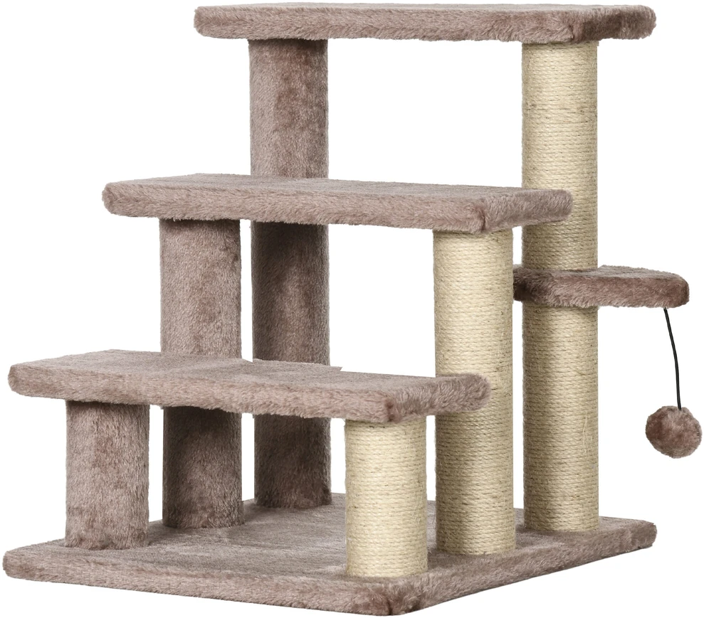 PawHut 3-pakopų naminių gyvūnėlių laiptai su draskyklėmis, kamuoliuku, šunų laiptai, naminių gyvūnėlių laiptai katėms iki 5kg, pliušas, džiutas, ruda, 45 x 40 x 48 cm | Aosom
