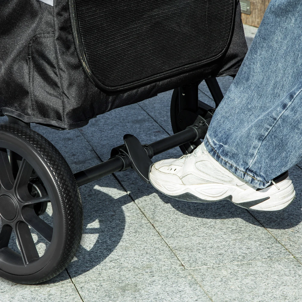 PawHut sulankstomas šunų vežimėlis dideliems šunims ir katėms iki 30 kg, su pagalve, tinkleliais, durimis, krepšiu daiktams, saugos diržais, stabdžiais, pilkas