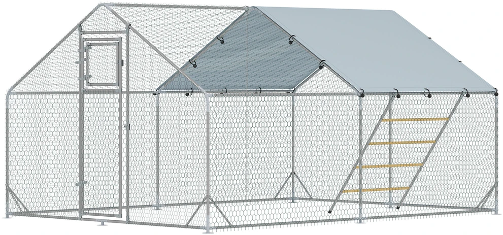 PawHut plieno vištidės lauko aptvaras, 300 x 400 x 195 cm vištų narvas su UV spinduliams atspariu stogeliu, durelėmis lesalui, pakabinama lesykla, laktomis, aptvaras 12–18 vištų, smulkiems gyvūnams, sidabrinės spalvos